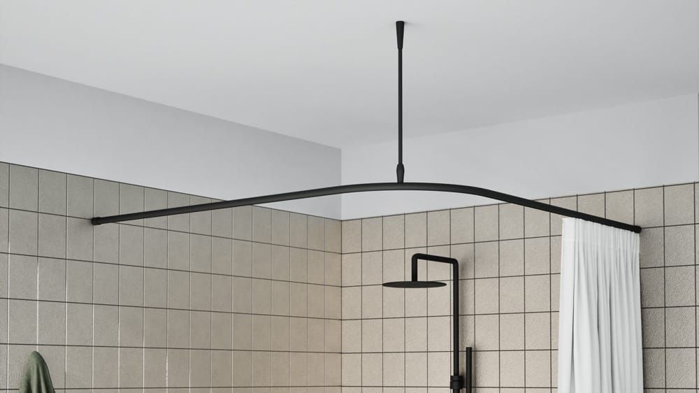 L-Form Duschstangen System rund nach Maß online kaufen – mit Vorhang in Schwarz
