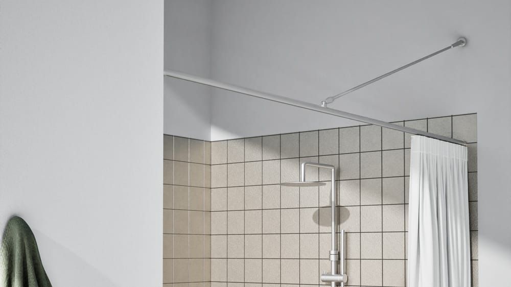 Gerades Duschstangen System rund mit Innenlauf nach Maß – mit Vorhang in Aluminium