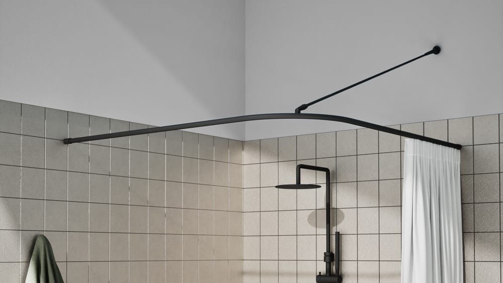 L-Form Duschstangen System rund nach Maß online kaufen – mit Vorhang in Schwarz