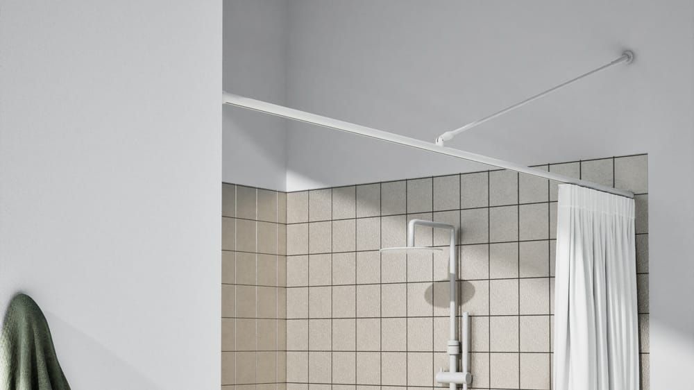 Gerades Duschstangen System rund mit Innenlauf nach Maß – mit Vorhang in Weiß