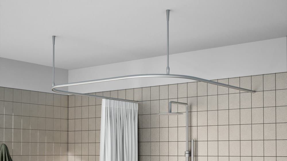 U-Form Duschstangen System mit Innenlauf rund nach Maß – mit Vorhang in Aluminium
