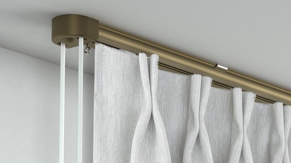 1-läufige Vorhang Schnurzugschiene eckig Modell 505 – mit Vorhang in Grau