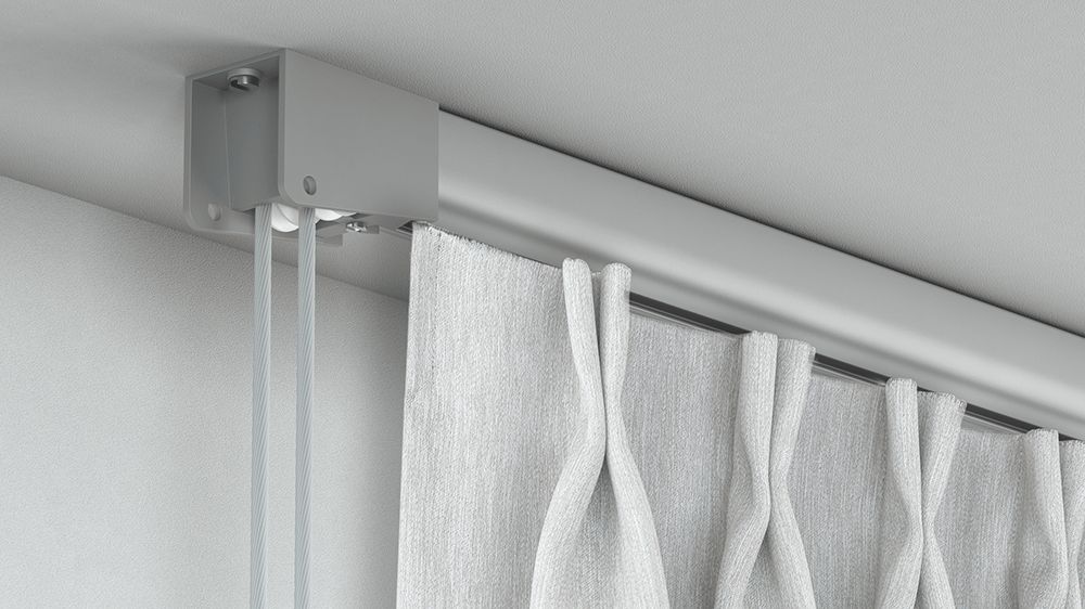 1-läufige Schnurzugschiene Gardine halbrund Modell 510 – mit Vorhang in Aluminium
