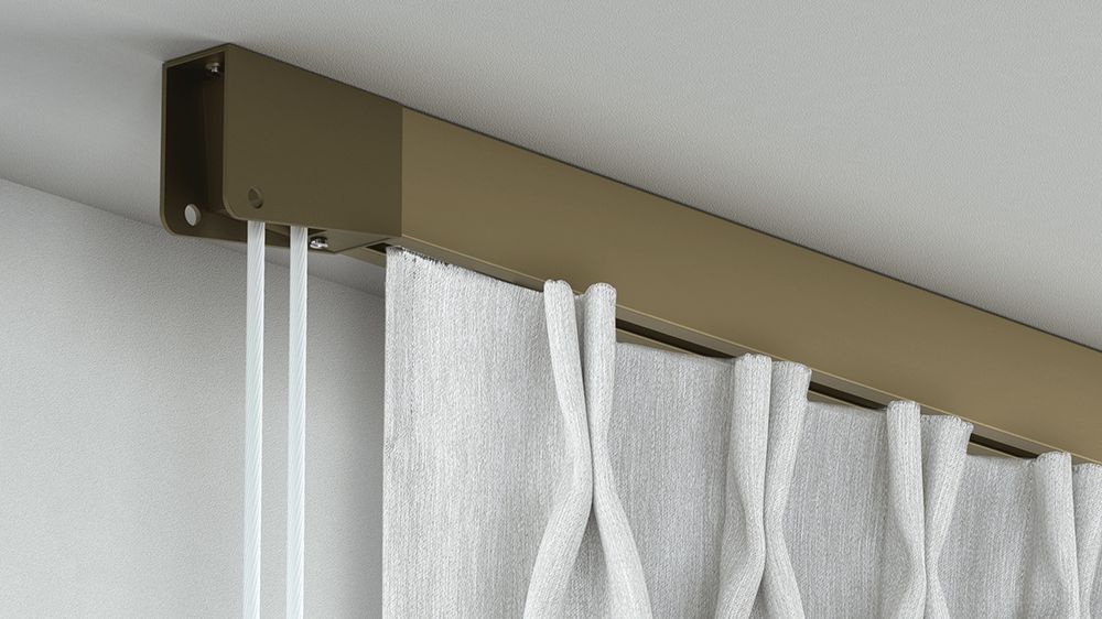 Seilzug Schiene zur Deckenmontage 1-läufig – mit Vorhang in Grau