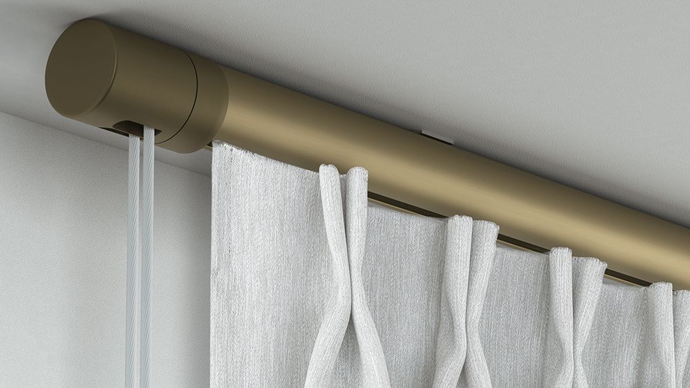 Runde Seilzug Gardinenstange 1-läufig Modell 845 – mit Vorhang in Grau