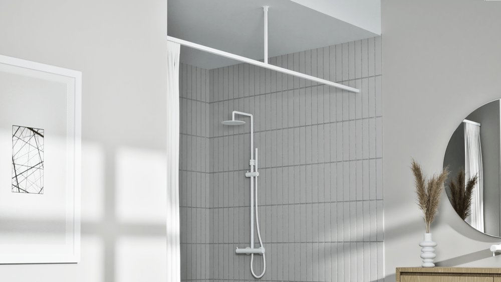 Interstil Cubus: Quadratische Duschvorhangstange gerade – mit Vorhang in Weiß