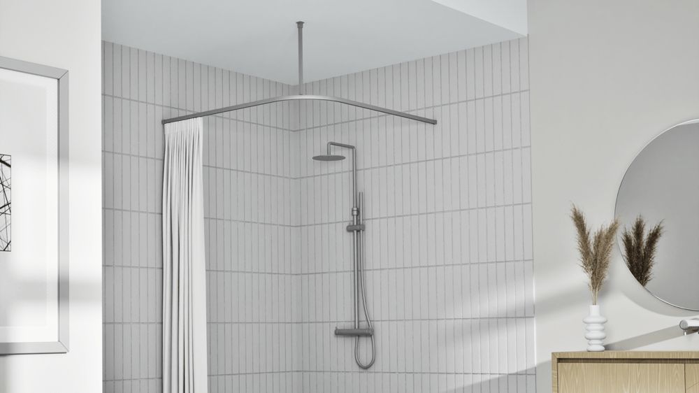 Interstil Cubus 1 L-Form: Quadratische Duschvorhangstange L-Form – mit Vorhang in Aluminium