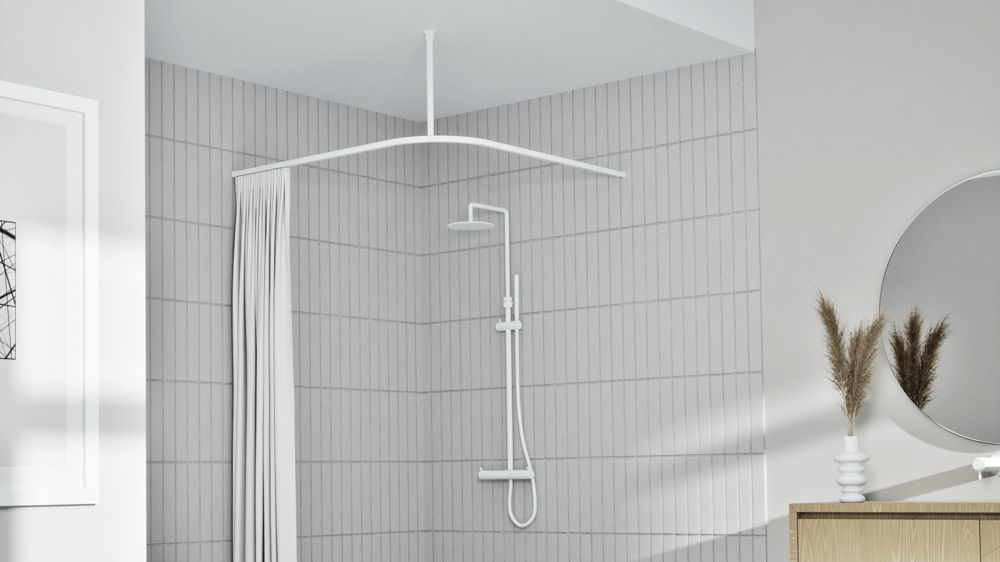 Interstil Cubus 1 L-Form: Quadratische Duschvorhangstange L-Form – mit Vorhang in Weiß