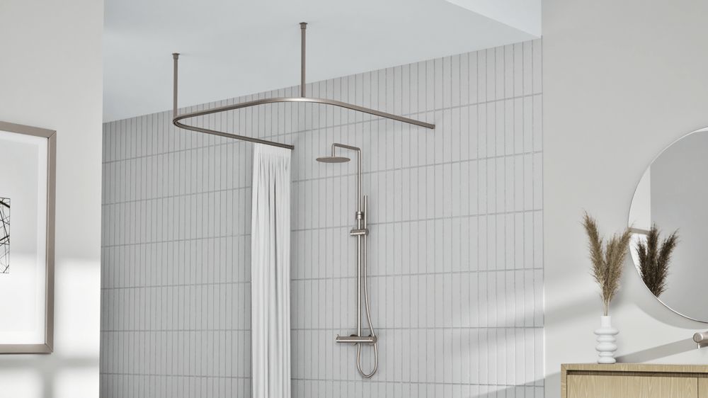 Interstil Cubus 1 U-Form: Quadratische Duschvorhangstange U-Form – mit Vorhang in Edelstahl