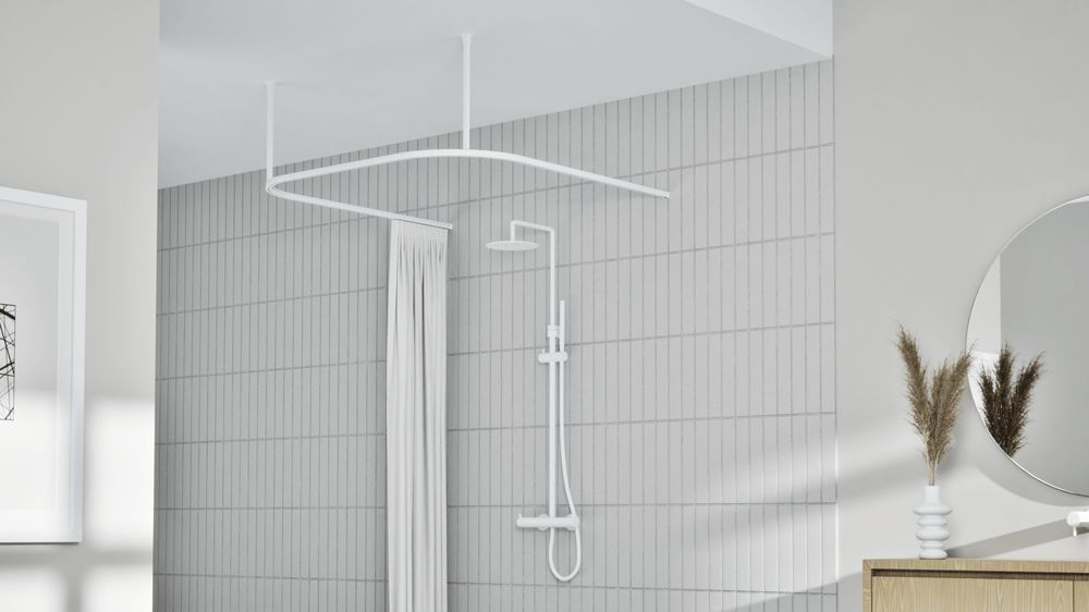Interstil Cubus 1 U-Form: Quadratische Duschvorhangstange U-Form – mit Vorhang in Weiß